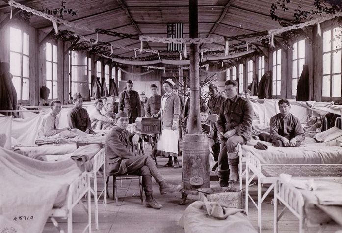 Soldiers and medical staff in a hospital during World War I